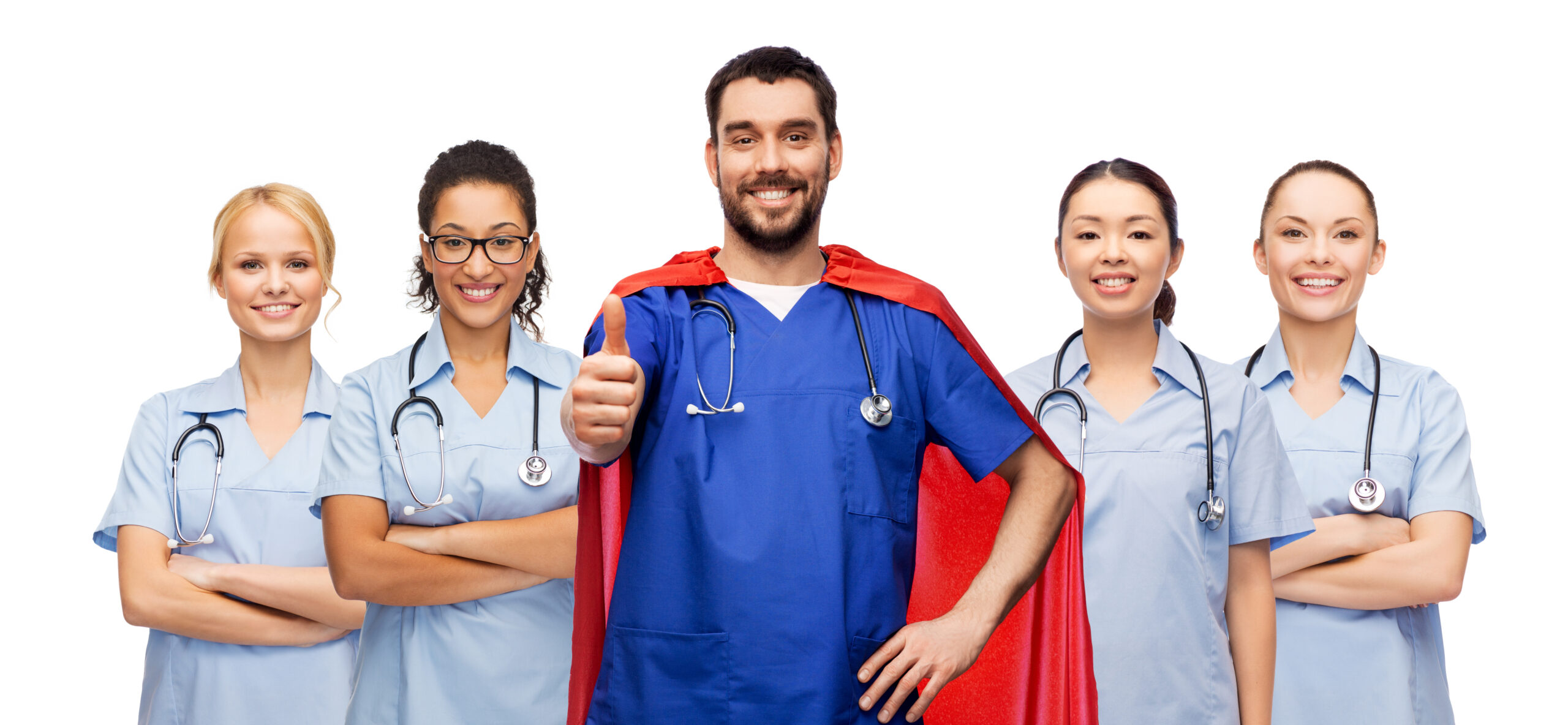 Happy doctor or nurse in superhero cape with team
